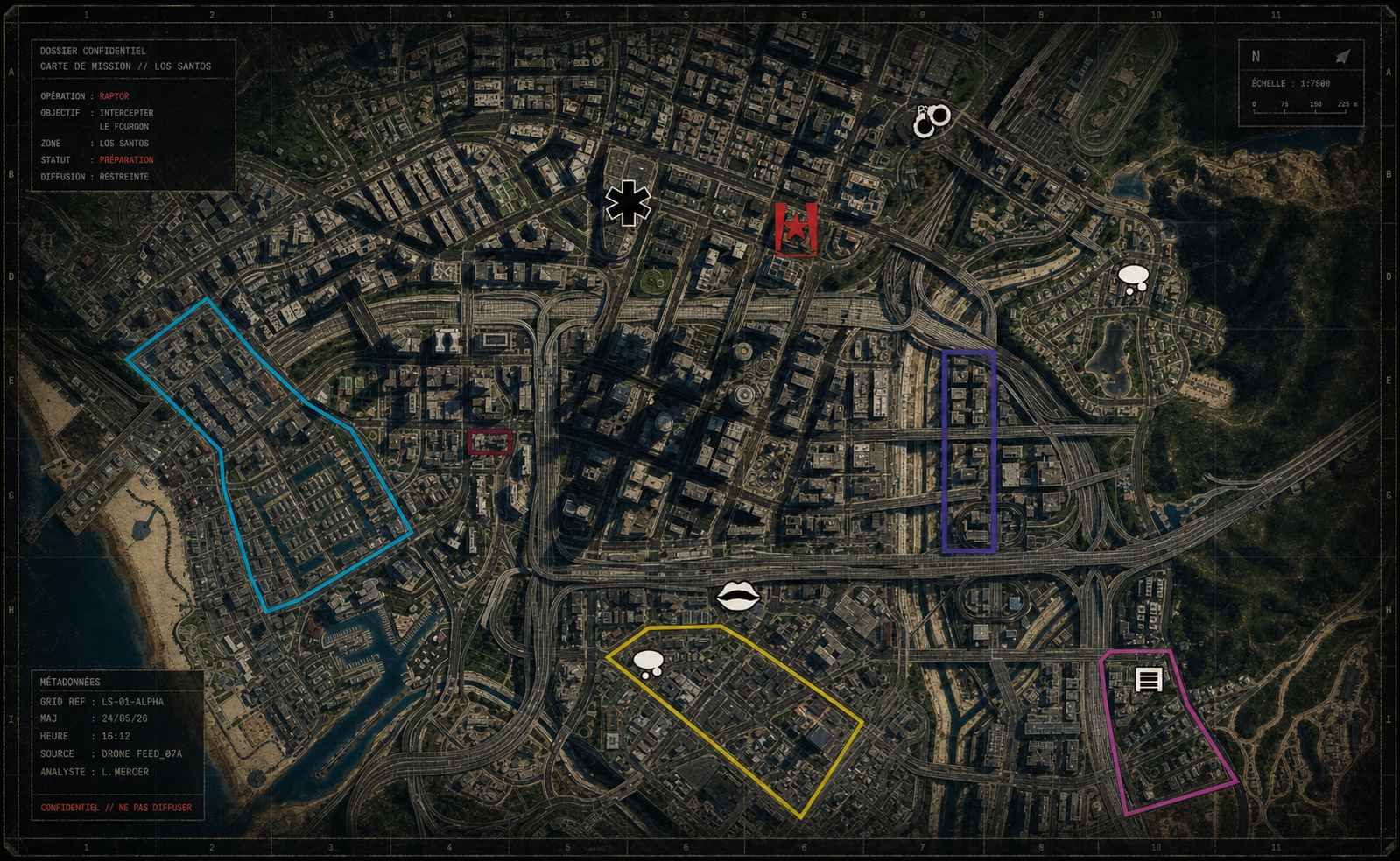 Carte de mission annotée avec les territoires de gangs, Lester, le LSPD et Ammu-Nation