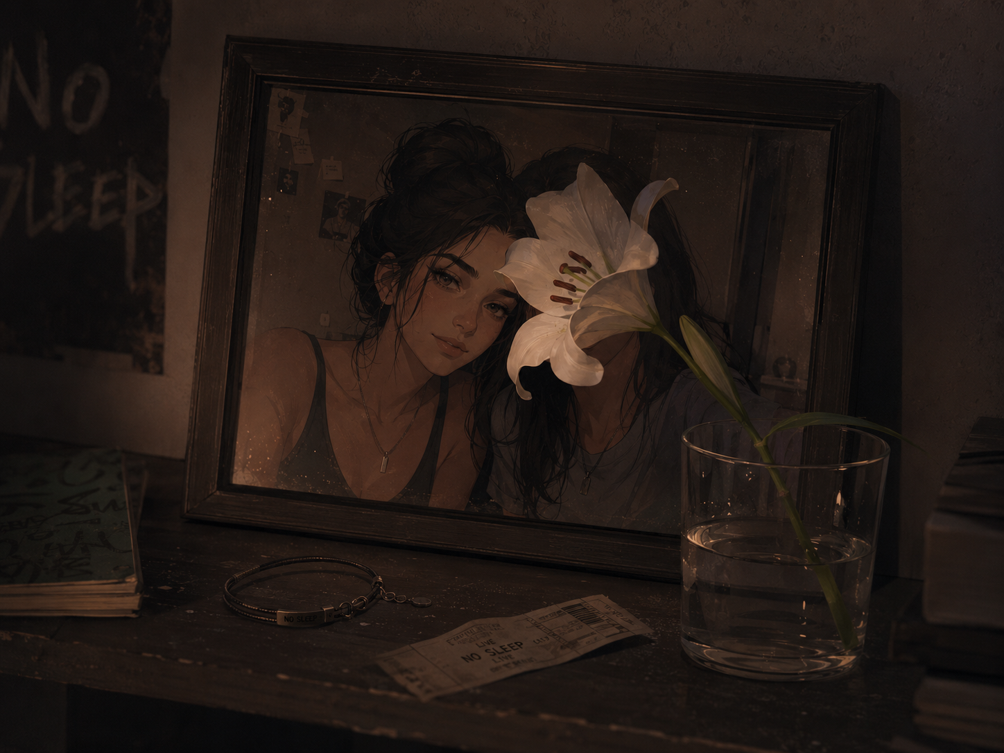 Cadre photo et fleur séchée dans la chambre de Mireya