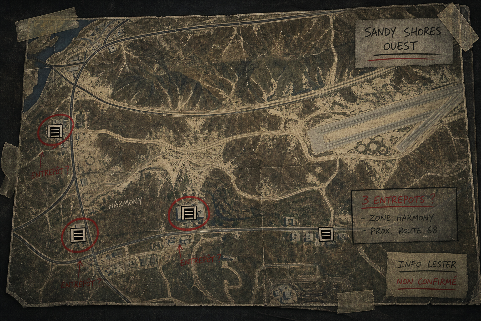 Carte brouillonne de Sandy Shores Ouest avec trois entrepôts possibles annotés