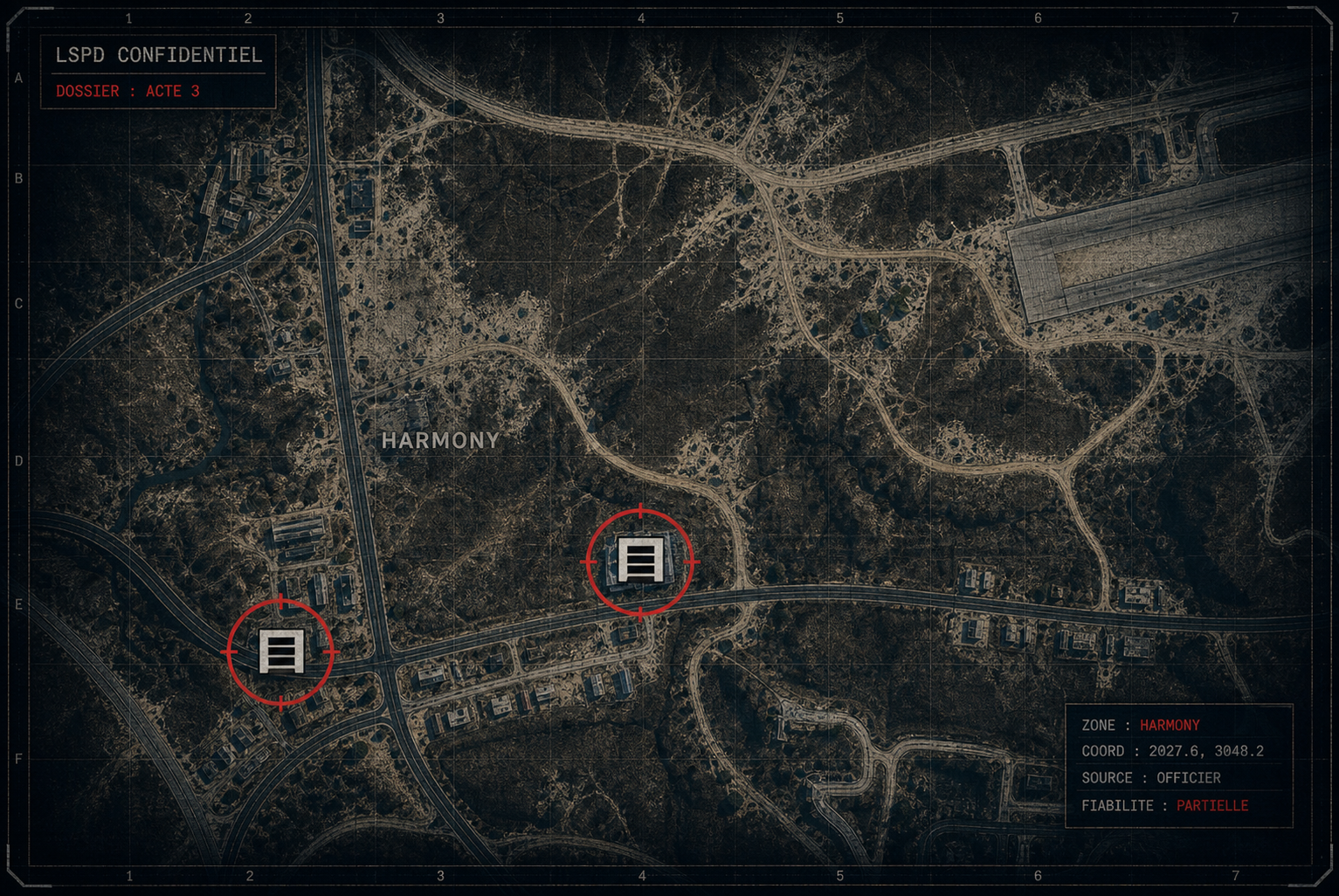 Carte confidentielle LSPD indiquant deux emplacements d'entrepôts possibles près de Harmony